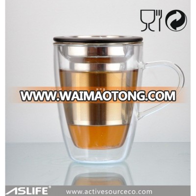 AST4310 high quality tea infuser mug with strainer and lid 250ml/8.5oz double wall pyrex glass coffee cup